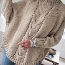 Women's Vintage-inspired High-neck Sweater - Cozy Loose Fit Pullover With Ribbed Texture, Solid Color, Flared Hem, Perfect For Fall/winter,