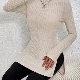 Ribbed Turtleneck Slit T-shirt, Casual Long Sleeve Top For Spring & Fall, Women's Clothing