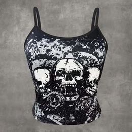 Women's Casual Skull & Floral Print Sleeveless Tank Top, Polyester 95% Spandex 5% Knit Fabric, Summer Slingback With Spaghetti Strap Collar,