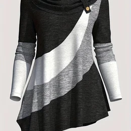Women's Long-sleeve Top With A Collared Design, Featuring An Irregular Hem And Color Block Stitching
