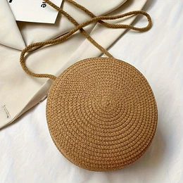 Minimalist Straw Bag, Round Crossbody Purse, Women's Shoulder Bag, Style Handbag