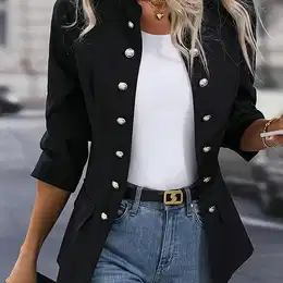 Women' Double-breasted Casual Blazer - Black Polyester, Stand Collar, Solid Color, Spring/fall Jacket With Golden Buttons, Casual Attire stylish