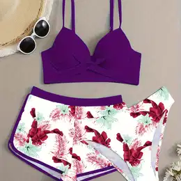 Floral Leaf Print Stretchy 3 Piece Set Swimsuits, Spaghetti Strap Push Up Bikini & Boxer Shorts, Women's Swimwear & Clothing