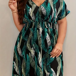 Plus Size All Over Print Dress, Casual V Neck Cinched Waist Short Sleeve Dress, Women's Plus Size Clothing