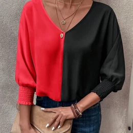 V-neck Blouse, Elegant Lantern Sleeve Blouse For Spring & Fall, Women's Clothing
