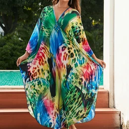 Boho Chic Print Maxi Beach Cover-up Dress With V-neck And Side Slit - Short Sleeve, Non-stretch Polyester Fabric For Women