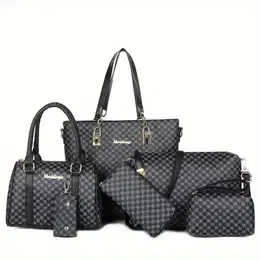 6pcs Geometric Pattern Bag Set, Fashion Tote Bag With Boston Handbag Crossbody Bag Long Wallet Clutch Bag Key Holder For Women