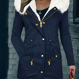 Daerling Directional Fur Hooded Drawstring , Zipper Front Pocket Button Warm Coat, Women's