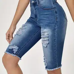 Women's Plus Size Ripped Denim Knee-length Shorts, Street Style, Casual Jean Bermuda Denim Shorts With Frayed Hem