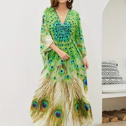 Print Women’s Maxi Beach Kaftan Dress - , Handmade V-neck Cover-up With Flowing Skirt, Swimwear And Bathing Suits