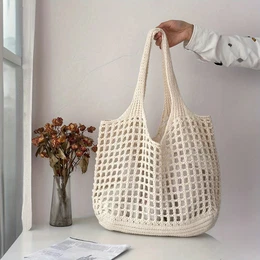 Minimalist Crochet Tote Bag For Women, Large Capacity Hollow Out Woven Shopping Bag With Fixed Shoulder Straps, Unlined Fabric Handbag In Black,