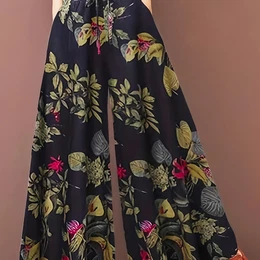[popular ] Print Wide-leg Pants For Women, Loose Fit, Non-stretch Polyester With Elastane, Machine Washable - All
