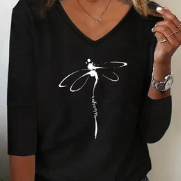 Dragonfly Print T-shirt, Long Sleeve V Neck Casual Top For Spring & Fall, Women's Clothing