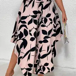 Plus Size Plant Print Wide Leg Pants, Elegant High Waist Pants For Spring & Summer, Women's Plus Size Clothing