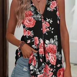 Floral Print V Neck Blouse, Casual Sleeveless Top For , Women's Clothing