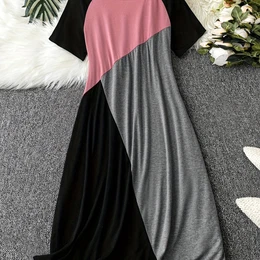 Plus Size Colorblock Loose Dress, Casual Short Sleeve Dress For , Women's Plus Size Clothing