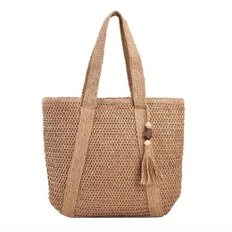 Large Capacity Bohemian Straw Tote Bag With Tassel Accent - Chic Summer Beach & Travel Shoulder Handbag For Women, Zip Closure, Fabric Material