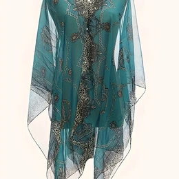 Plus Size Chain Print V Neck Shawl Top, Elegant Long Sleeve Top For , Women's Plus Size Clothing