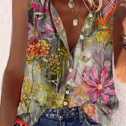 Floral Print Button Front Blouse, Casual Sleeveless Blouse For , Women's Clothing