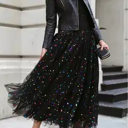 Women's Pleated Knit Fabric Skirt With Contrast Mesh, Polyester, Spring/summer/fall