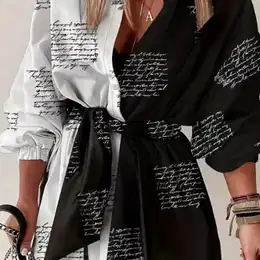 Women's Plus Size Colorblock Shirt Dress With Belt - Casual Polyester V-neck, Long Sleeve, Letter Print, Machine Washable, Casual Dress