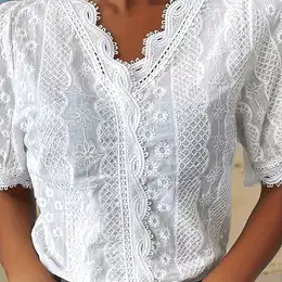 Lace V Neck Blouse, Elegant Short Sleeve Blouse For , Women's Clothing