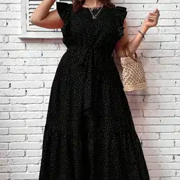 Plus Size Pin Dot Print Belted Dress, Casual Ruffle Sleeve Dress For Spring & Summer, Women's Plus Size Clothing