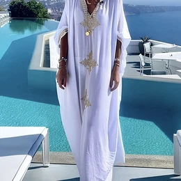 Plus Size - Plus Size Golden Embroidered Long Robe, Comfortable Loose Beach Cover-up Dress, Long Skirt.