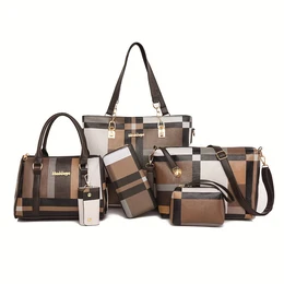 6-piece Checkered Fashion Handbag Set, Women's Leather Tote, Crossbody, Shoulder Bags With Simple Design