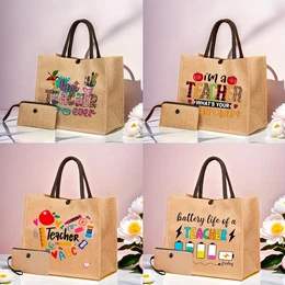 Teacher Theme Print Burlap Two-piece Set, Large Capacity Handbag, Simple And Versatile Tote Bag, Lightweight Storage Beach Bag, Gift Bag, Best Gift Fo