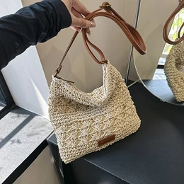 Chic Solid Color Crochet Straw Crossbody Bag For Women - Adjustable Shoulder Strap, Zip Closure, Casual Summer Beach Purse In Khaki/ivory/green