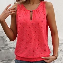 Elegant Women's Sleeveless Blouse With Chic Cold Shoulder Design - Solid Color, Polyester, Eyelet Detail, Round Neck - Machine Washable, Summer