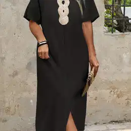 Plus Size Circle Pattern Slit Midi Dress, Casual Crew Neck Short Sleeve Dress, Women's Plus Size Clothing