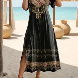Plus Size Ethnic Print Split Side Dress, Boho Short Sleeve Crew Neck Midi Dress For , Women's Plus Size Clothing