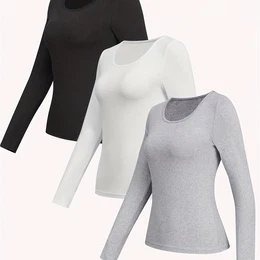 3 Pack Solid Color Crew Neck T-shirt, Casual Long Sleeve T-shirt For Spring & Fall, Women's Clothing