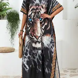 Women's Up, Plus Size Tiger Print V Neck Pullover Loose Fit Beach Kaftan Dress For Fall & Winter