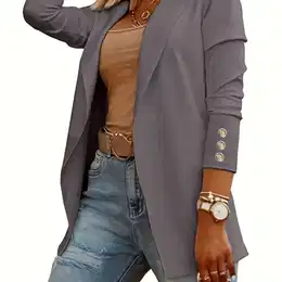 Solid Color Open Front Jacket, Casual Long Sleeve Jacket For Spring & Fall, Women's Clothing