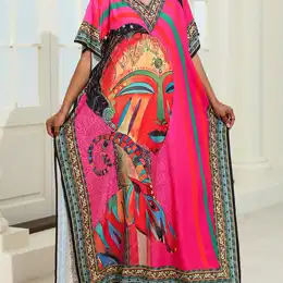 Women's Up, Plus Size Figure Pattern V Neck Loose Fit Beach Kaftan Dress For Fall & Winter