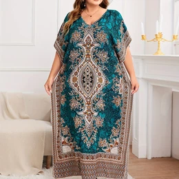 Plus Size Floral Pattern Loose Dress, Elegant V Neck Batwing Sleeve Dress For , Women's Plus Size Clothing