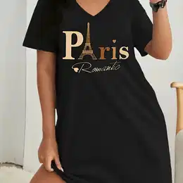 Paris Romantic V-neck Casual Plus Size Dress - Black With Golden Graphic, Spring/summer Women's Fashion, Machine Washable Polyester Blend