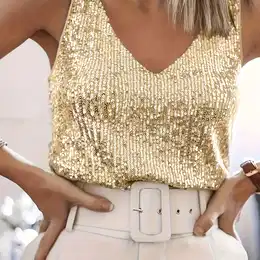 Sparkling Sequin Tank Top For Women - Elegant Sleeveless V-neck, Shoulder-baring Design, Glittery Blue Polyester Fabric, Spring/summer Fashion