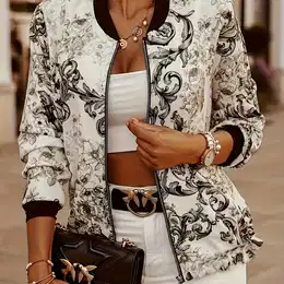 Elegant Women's Floral Print Zip-up Jacket - Casual Long Sleeve With Baseball Collar, Lightweight Polyester, Spring/fall