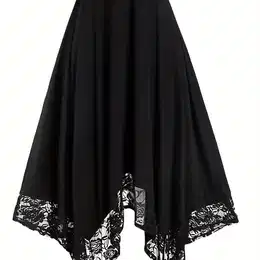 Plus Size Solid Floral Lace Stitching Skirt, Elegant Asymmetrical Hem High Waist Swing Skirt For , Women's Plus Size Clothing