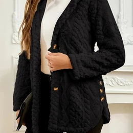 Button Front Teddy Hoodie Coat, Casual Thermal Long Sleeve Textured Coat For Fall & Winter, Women's Clothing