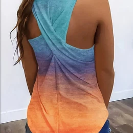 Elegant Gradient Print Sleeveless Tank Top For Women - Crew Neck With Twist Back Detail, Stretchy Polyester , Machine Washable