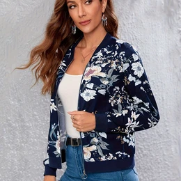 Floral Print Zip-up Jacket, Casual Long Sleeve Jacket For Spring & Fall, Women's Clothing