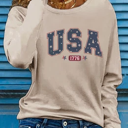 Usa Neck T-shirt, Casual Long Sleeve T-shirt For Spring & Fall, Women's Clothing