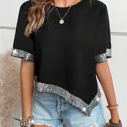 Women' Sequin Trim Asymmetrical Hem Blouse - Casual Round Neck Short Sleeve Shirt With Glitter Detail, Summer Outfits, Party Casual Wear