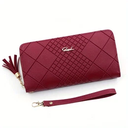 [stylish Tassel] Elegant Women's Long Wallet With Zipper Closure – Stylish Red Quilted Card Holder, Tassel Detail, And Multiple Compartments For