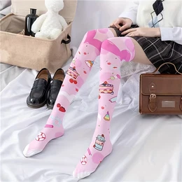 Cute Cartoon High Knee Socks - Pink With Strawberry Cake And Heart Patterns - Women's Knee High Socks - Polyamide Material - Machine Washable